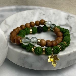 💥SOLD💥Gemstone Bracelet: Lava Stone + Sandalwood + Glass + Leaf Charm